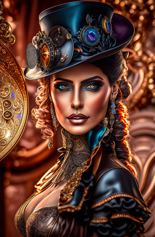 Stylized portrait of a woman in steampunk attire with striking makeup