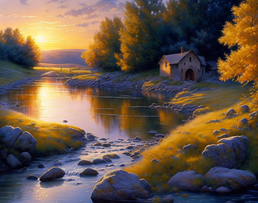 Tranquil river sunset with stone house and autumn trees