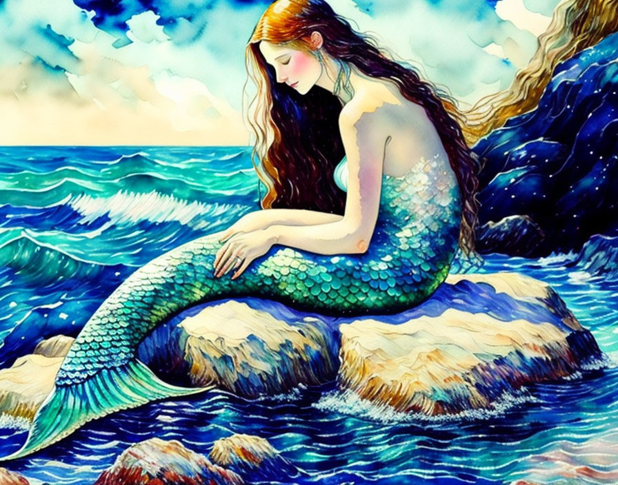 Vibrant mermaid illustration by the sea with long hair and green tail