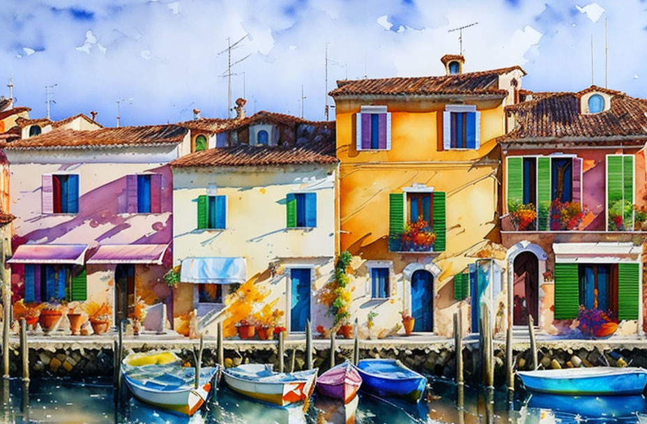 Vibrant waterfront houses and boats under clear sky