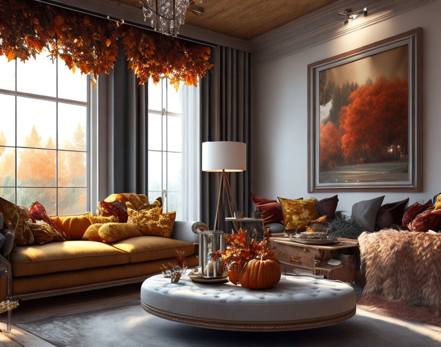 Warm Autumn Living Room Decor with Plush Sofa & Pumpkins