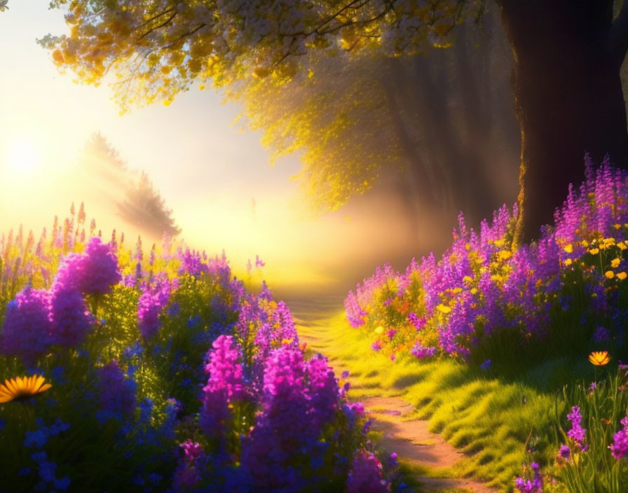 Tranquil Pathway with Purple Flowers at Sunrise