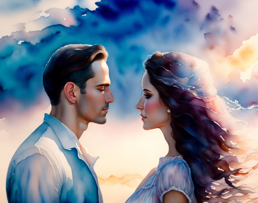 Romantic man and woman profiles against colorful sky