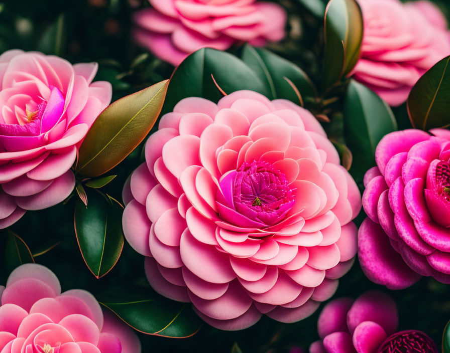 Vibrant Pink Camellia Flowers with Layered Petals and Dark Green Leaves
