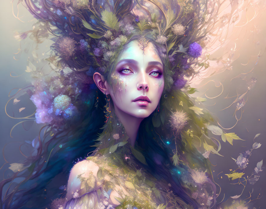 Mystical woman with flora and fauna headdress and ethereal makeup