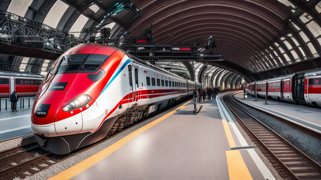 Red and White High-Speed Train at Station with Arched Glass Roof