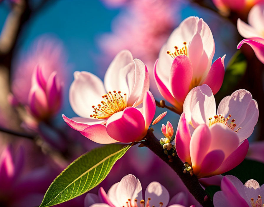 Pink magnolia blossoms in full bloom against blue sky