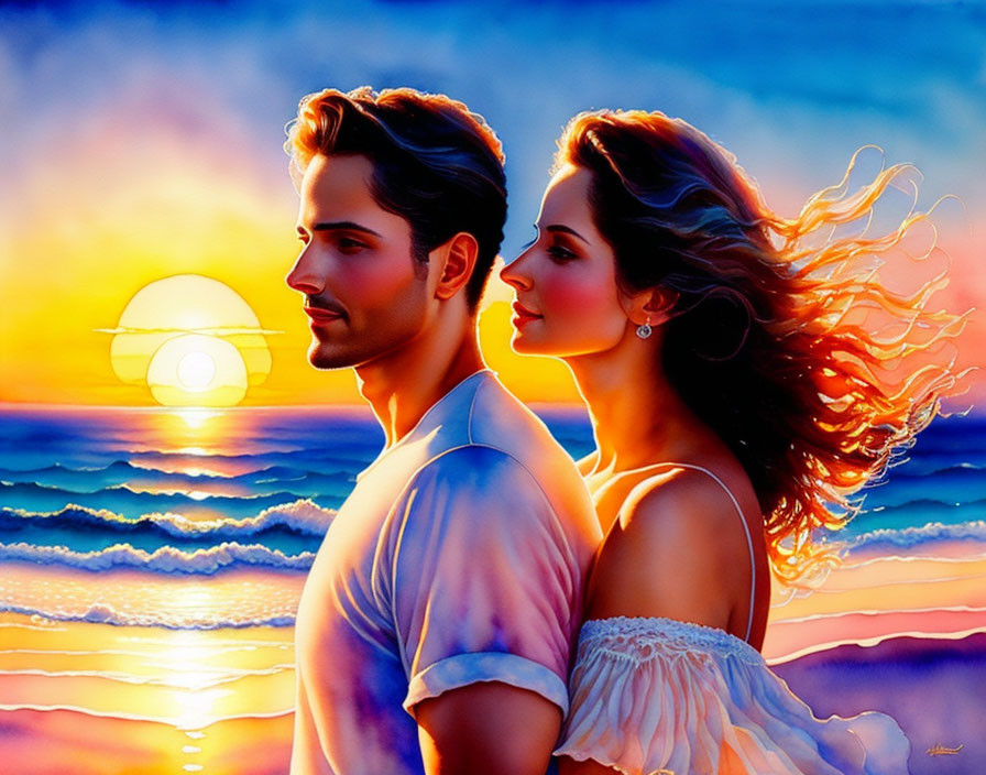 Illustrated couple on beach at sunset with vibrant colors and gentle breeze