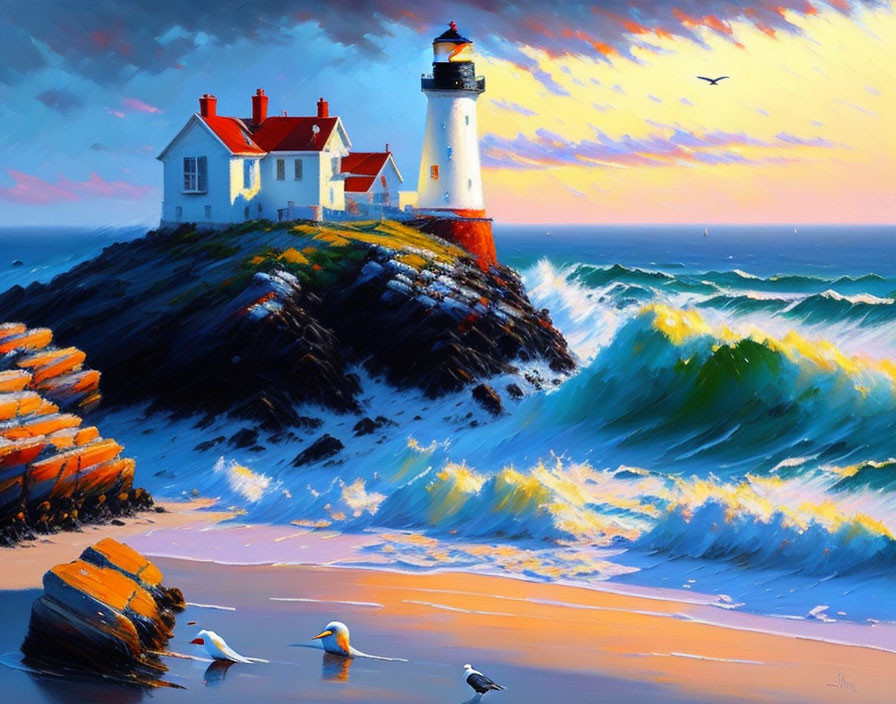 Scenic lighthouse on rocky outcrop with crashing waves and sunset sky