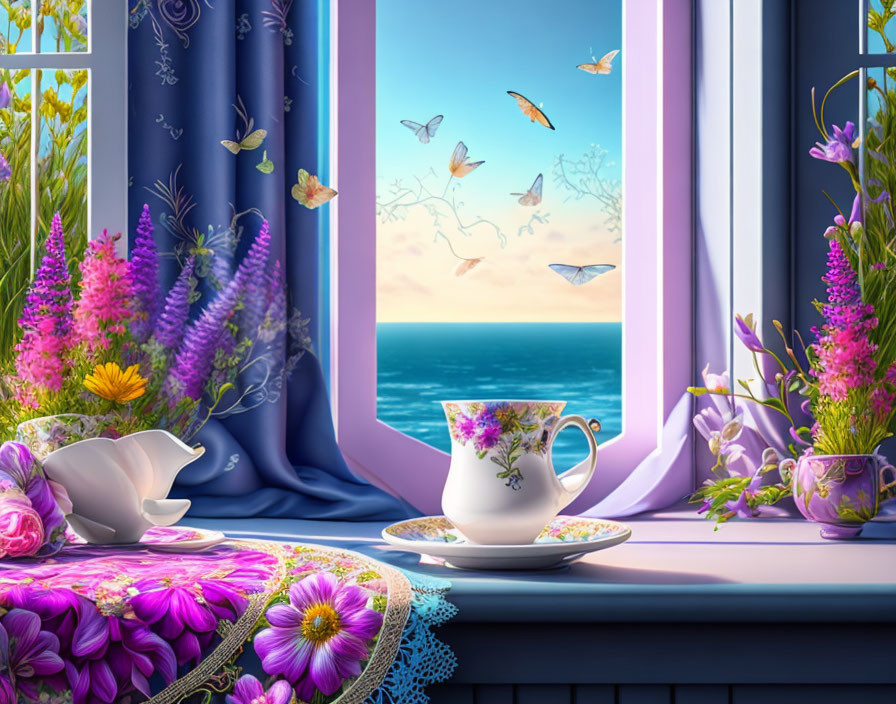 Tranquil Ocean View Through Floral Window Sill