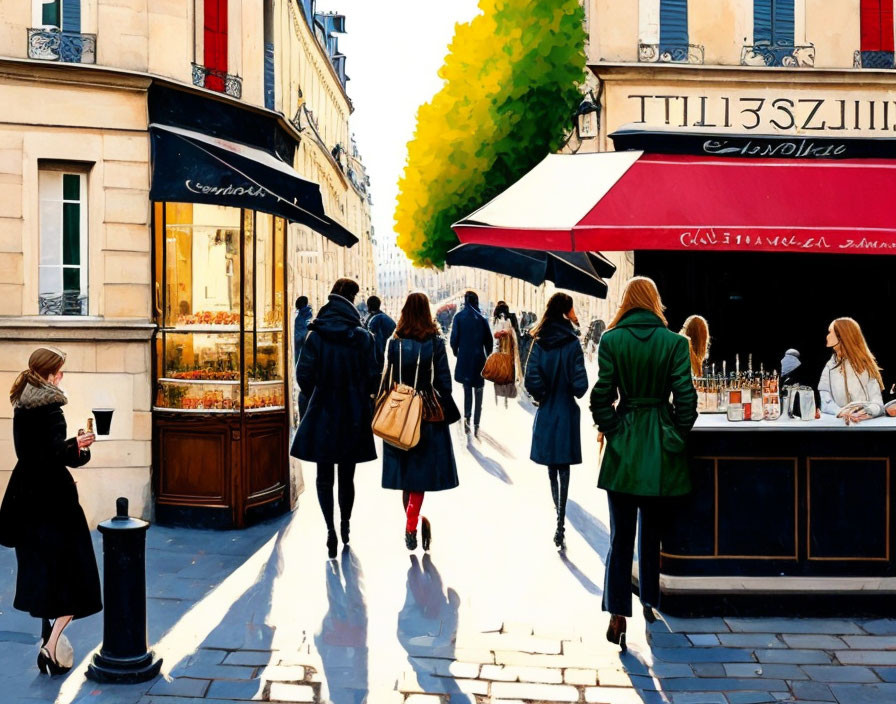 Pedestrians stroll on a vibrant Paris street with shops, outdoor seating, and autumn trees.