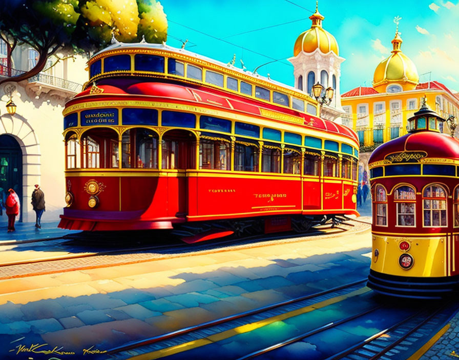 Colorful city street scene with classic trams and pedestrians