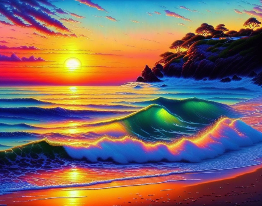 Colorful sunset beach scene with orange and blue skies, rolling waves, and silhouetted trees