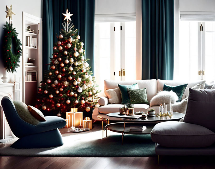 Festive Christmas living room with lit tree and presents