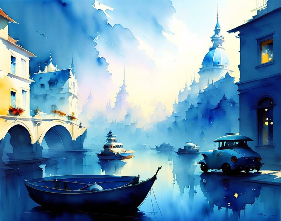 Serene watercolor illustration of blue canal scene