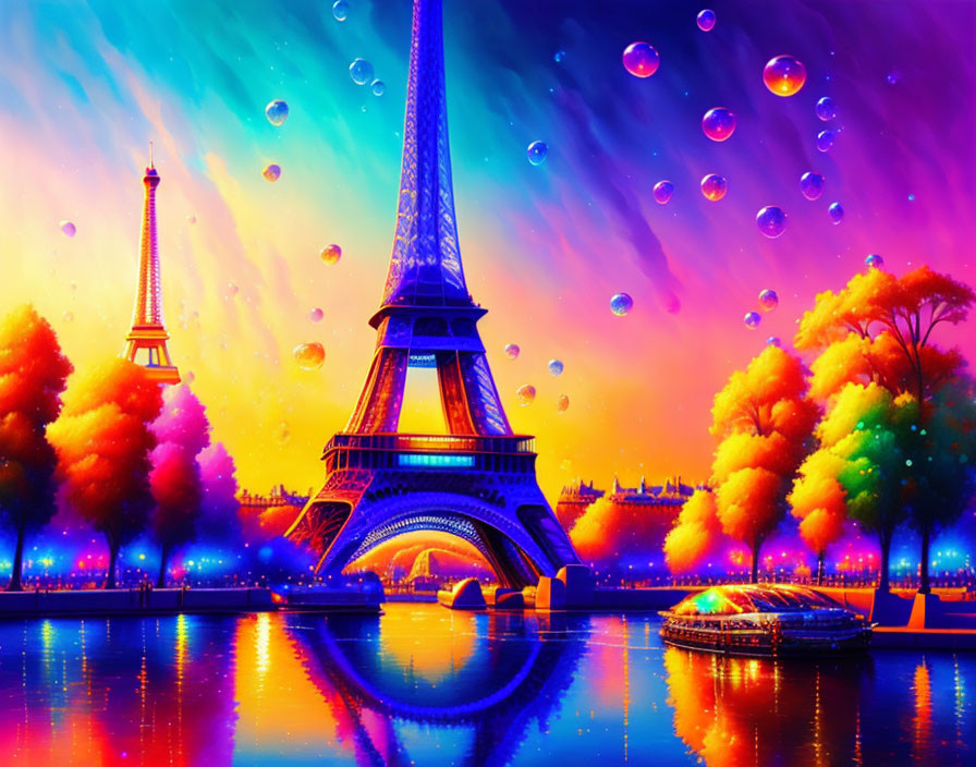 Colorful Eiffel Tower painting with autumn trees, river, and bubbles