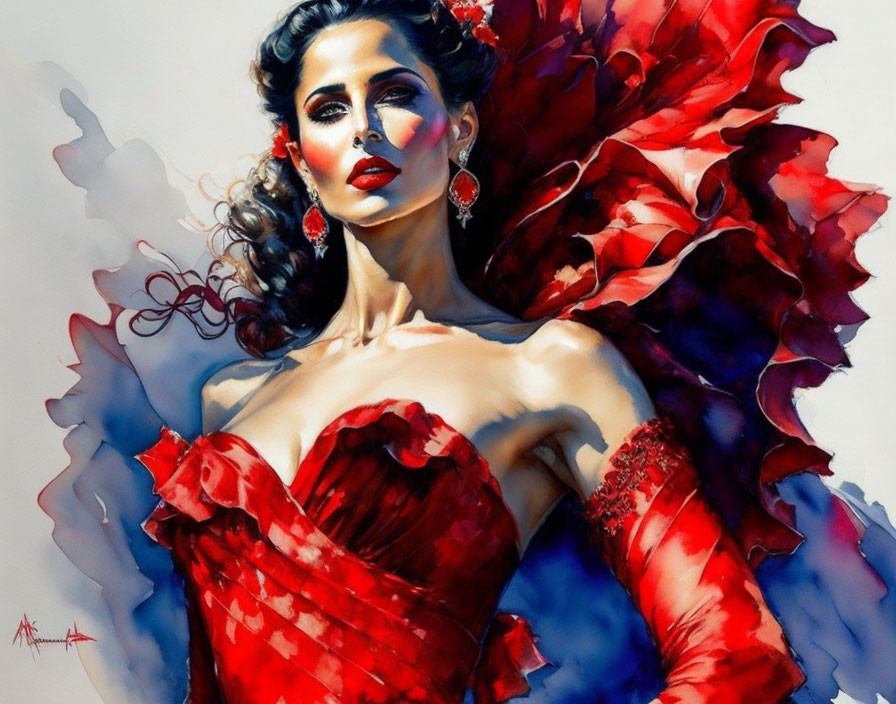 Vivid painting of woman in dramatic red dress with ruffled collar