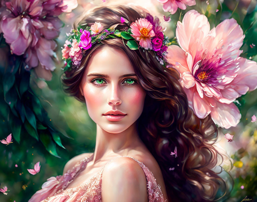 Digital artwork: Woman with green eyes, floral headpiece, pink flowers, butterflies