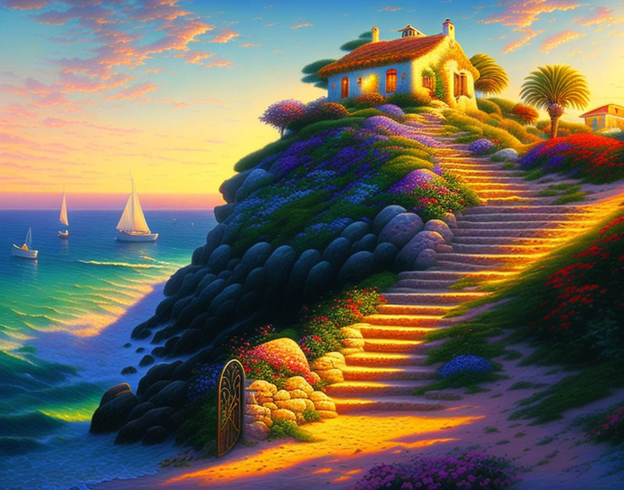 Vibrant coastal sunset with flower-covered hill and sailboats