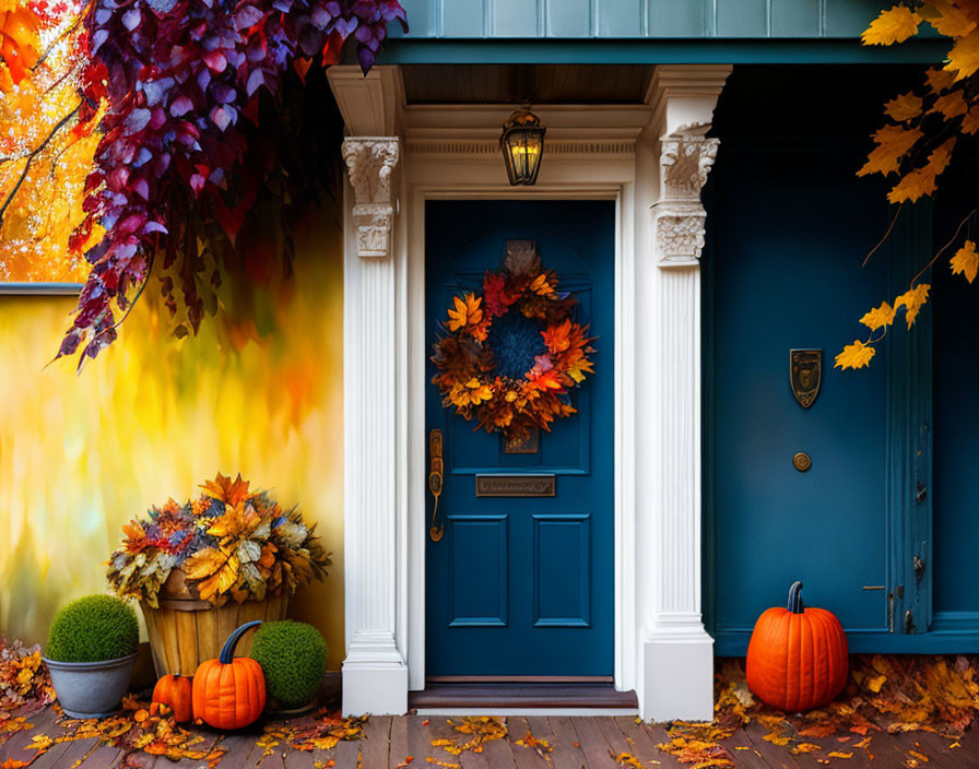 Blue door with autumn wreath and pumpkins in cozy home entrance