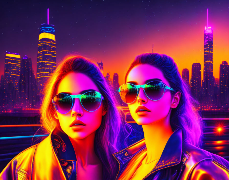 Stylish women in sunglasses against neon cityscape at twilight