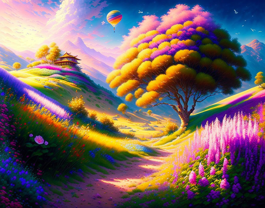 Colorful Landscape with Whimsical Tree, Flower Fields, Hot Air Balloon, and Gaze