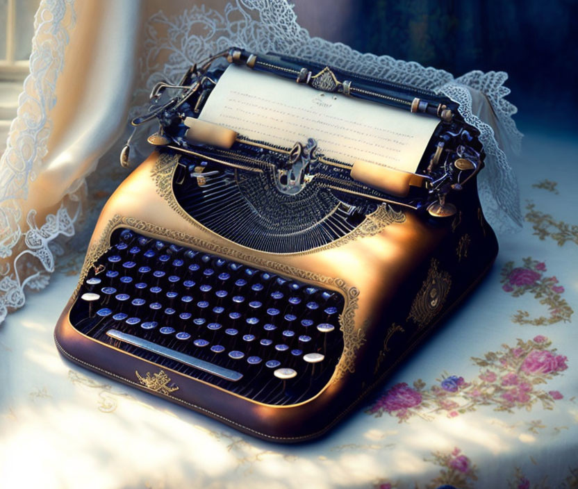 Vintage Golden Typewriter on Floral Surface Near Window