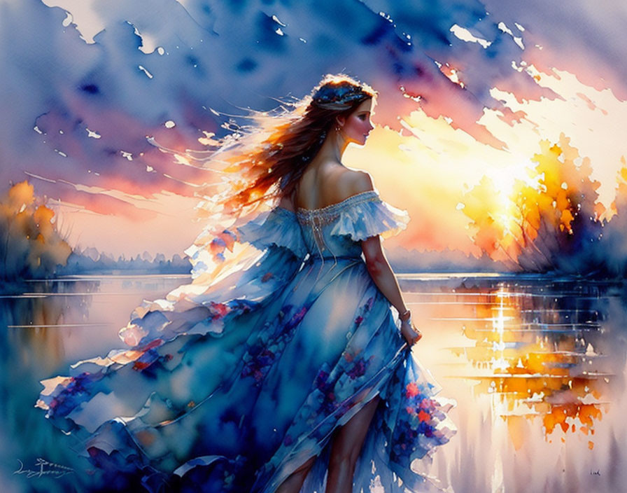 Woman in Blue Dress by Water at Sunset with Birds