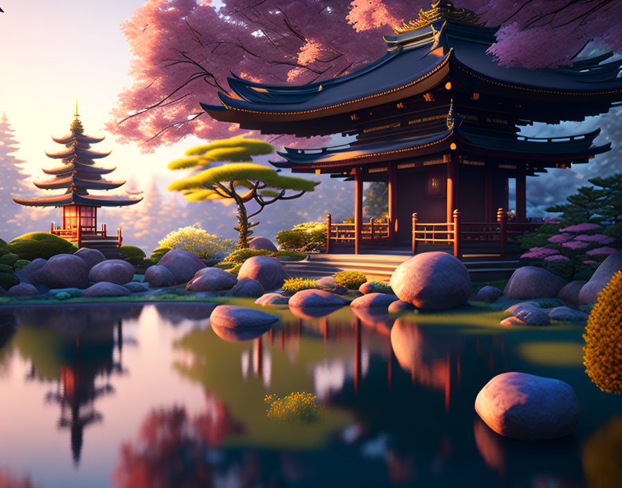 Japanese garden at sunset: cherry blossoms, pagoda, pond, rocks, manicured trees