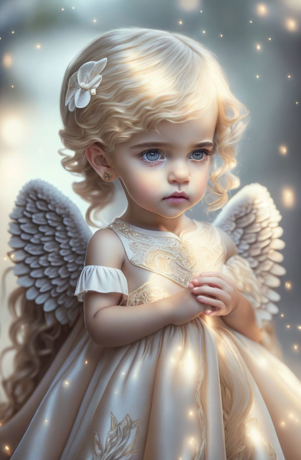 Digital Artwork: Young Angelic Girl with Wings and Glowing Lights