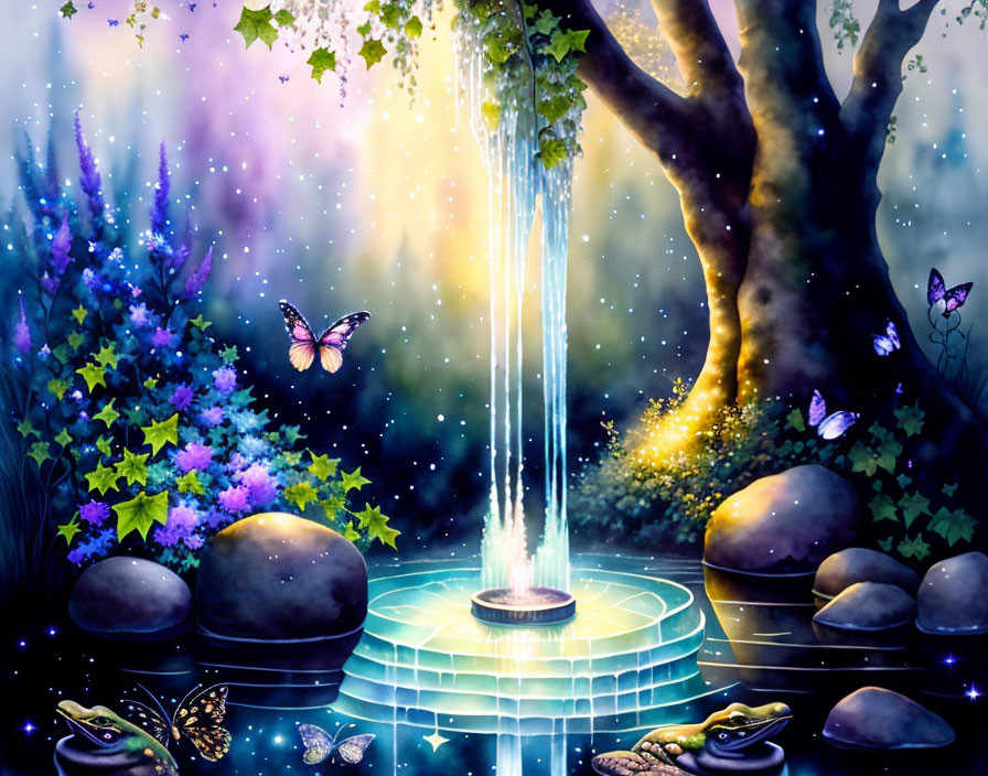 Mystical garden with luminescent waterfall and colorful wildlife