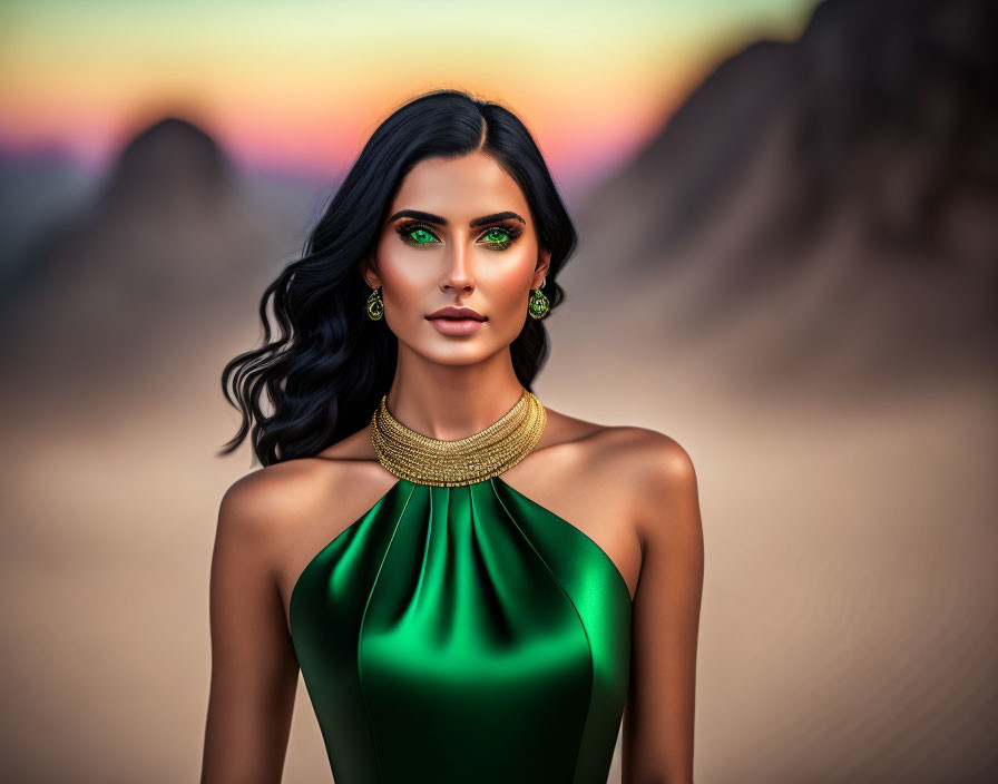 Digital art portrait of a woman with green eyes in green dress and gold jewelry against desert sunset.