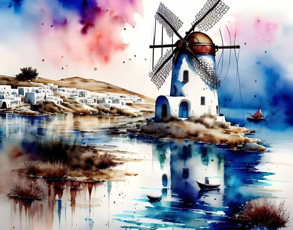 Scenic coastal village watercolor painting with windmill and boats