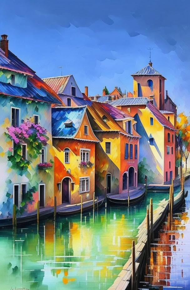 Colorful houses by canal with reflections and boat tied to dock