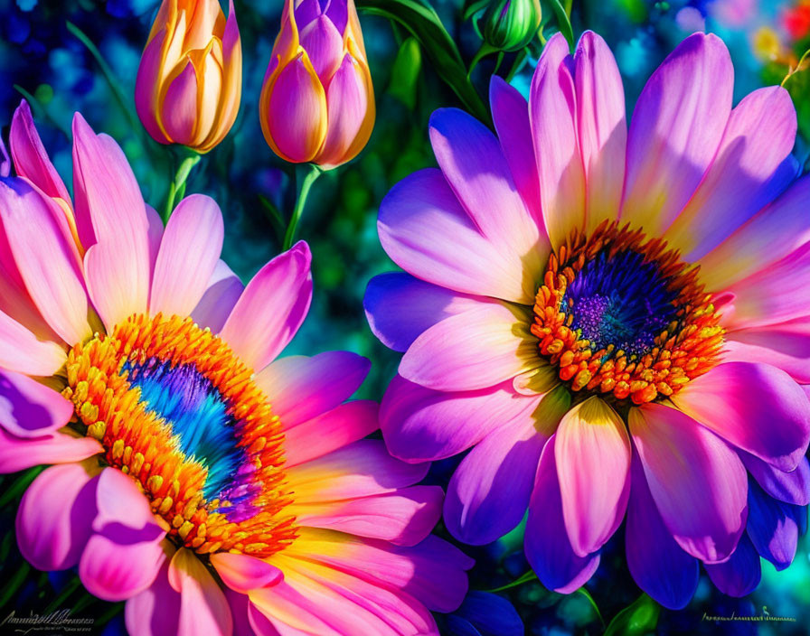 Close-up of pink daisy-like flowers and tulips on colorful background