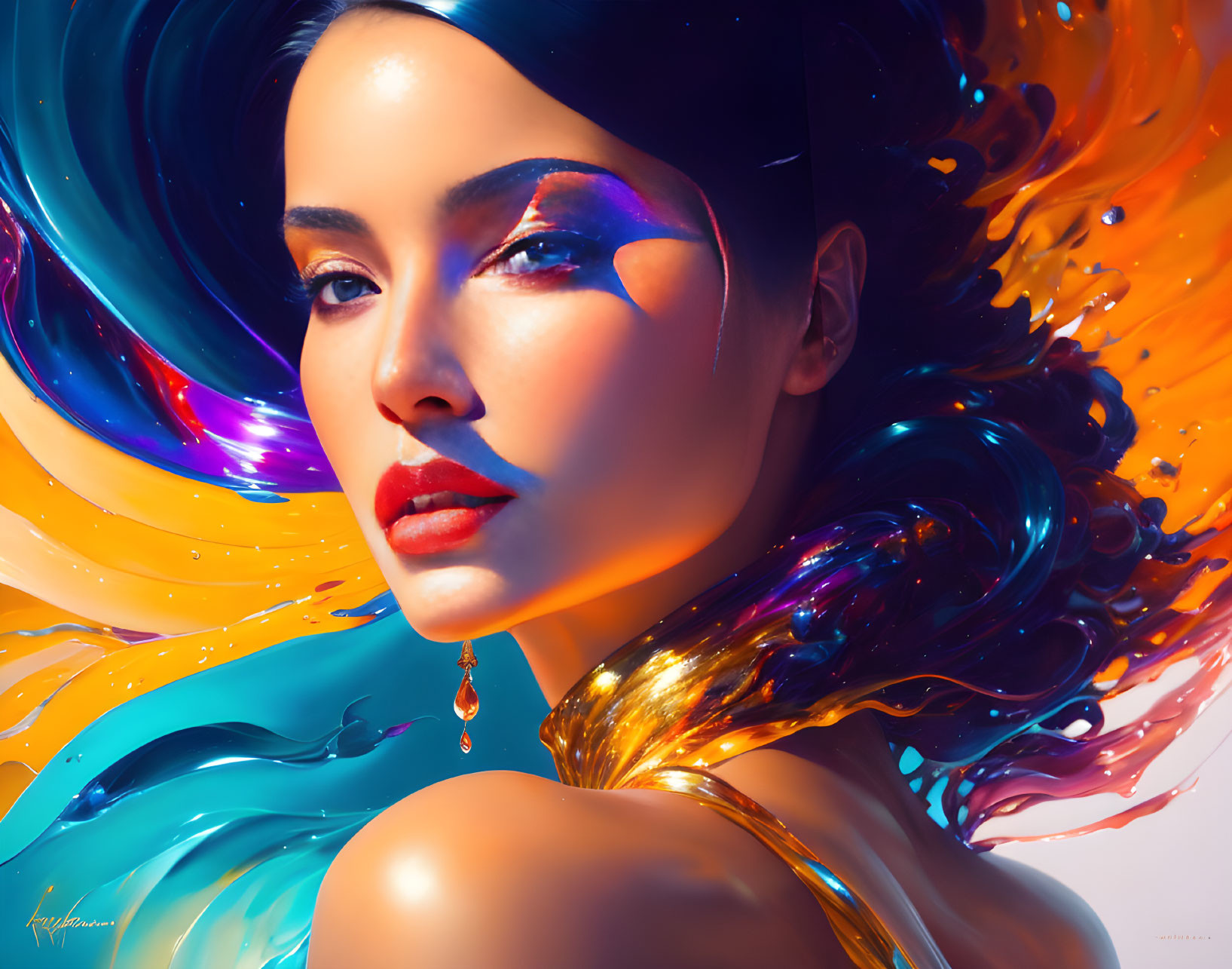 Vibrant digital artwork of a woman with flowing hair and striking makeup