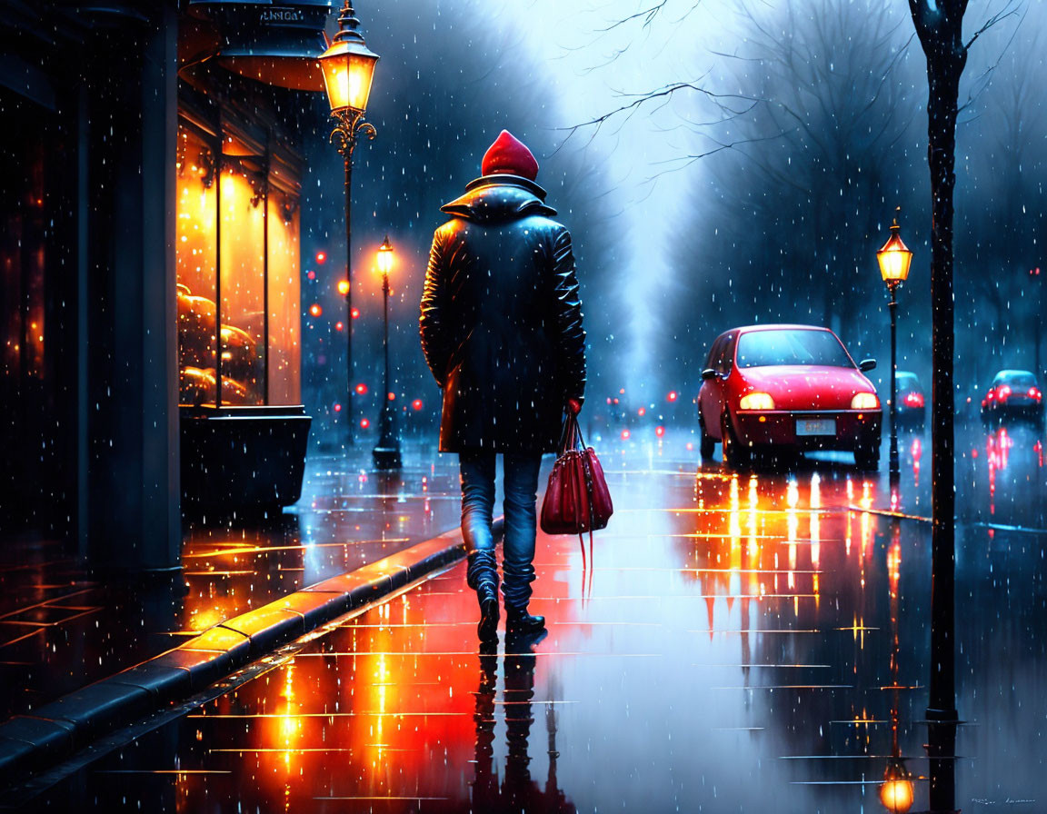 Person in black coat and red hat walking on rainy city street at night