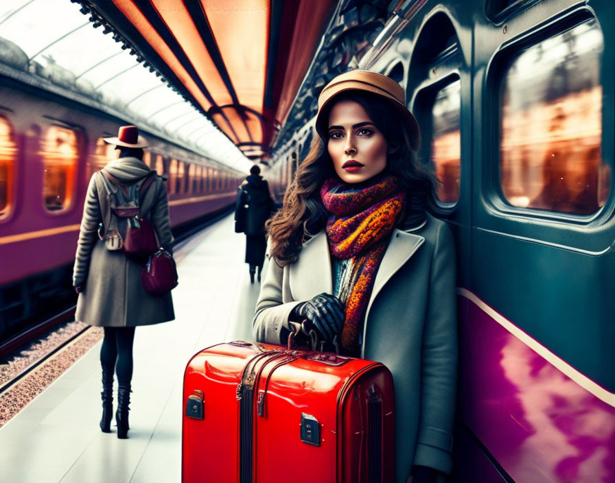 Woman in stylish attire with hat and scarf holding red suitcase at train station.