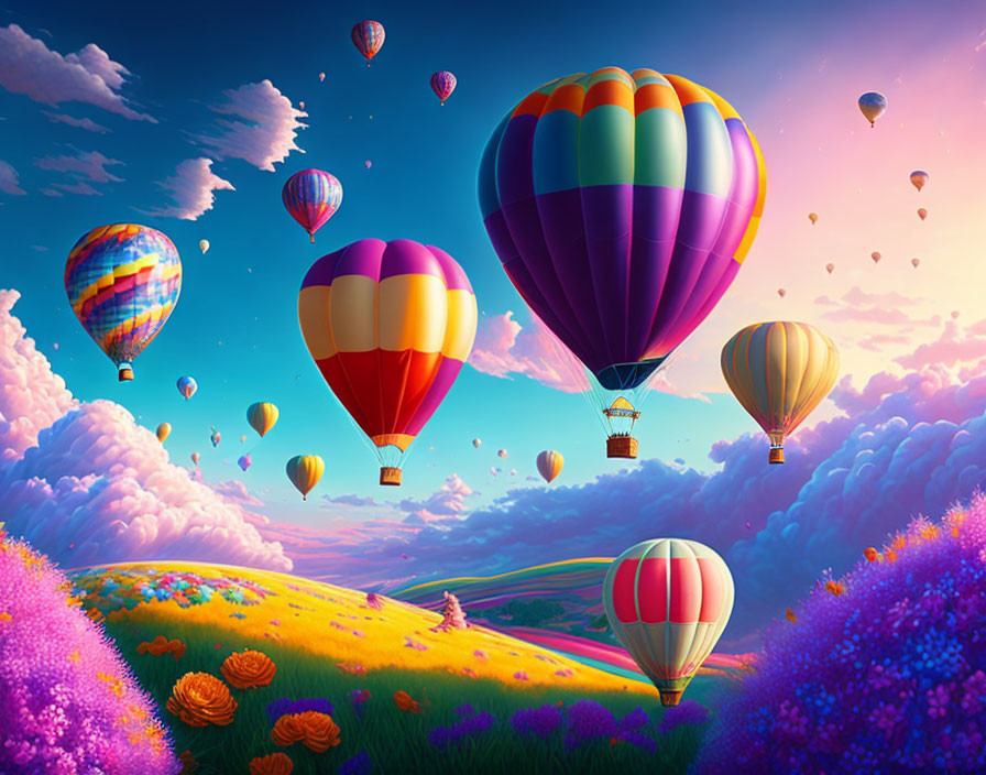 Colorful hot air balloons over flower-filled landscape at sunrise or sunset