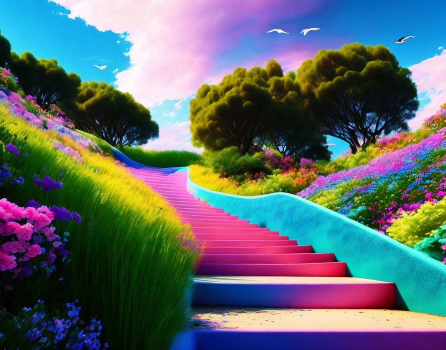 Colorful stairway in vibrant fantasy landscape with lush flowers and forest under vivid sunset sky.