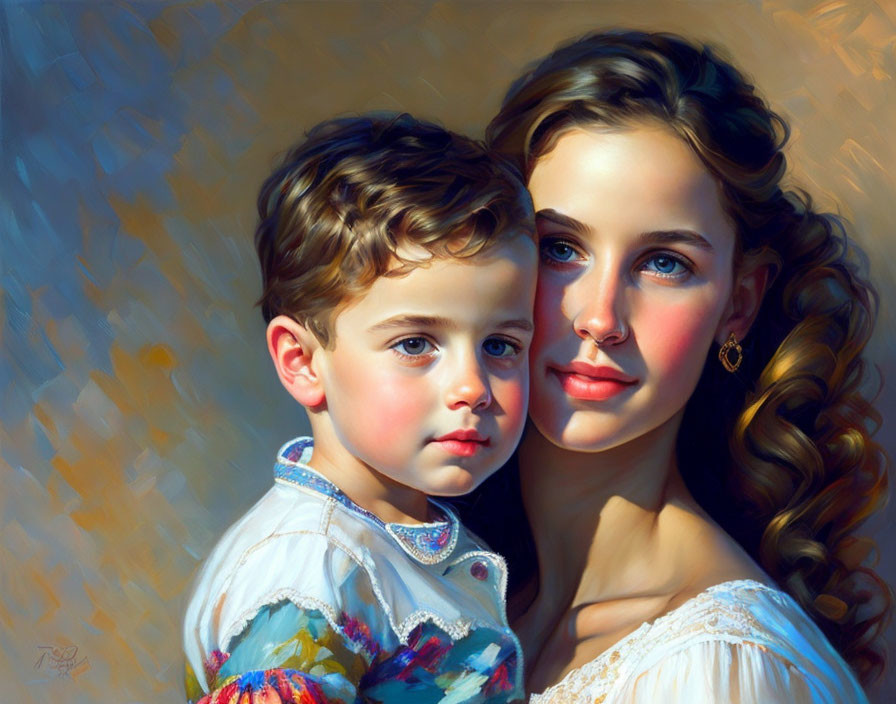 Young woman and boy in serene pose under warm light