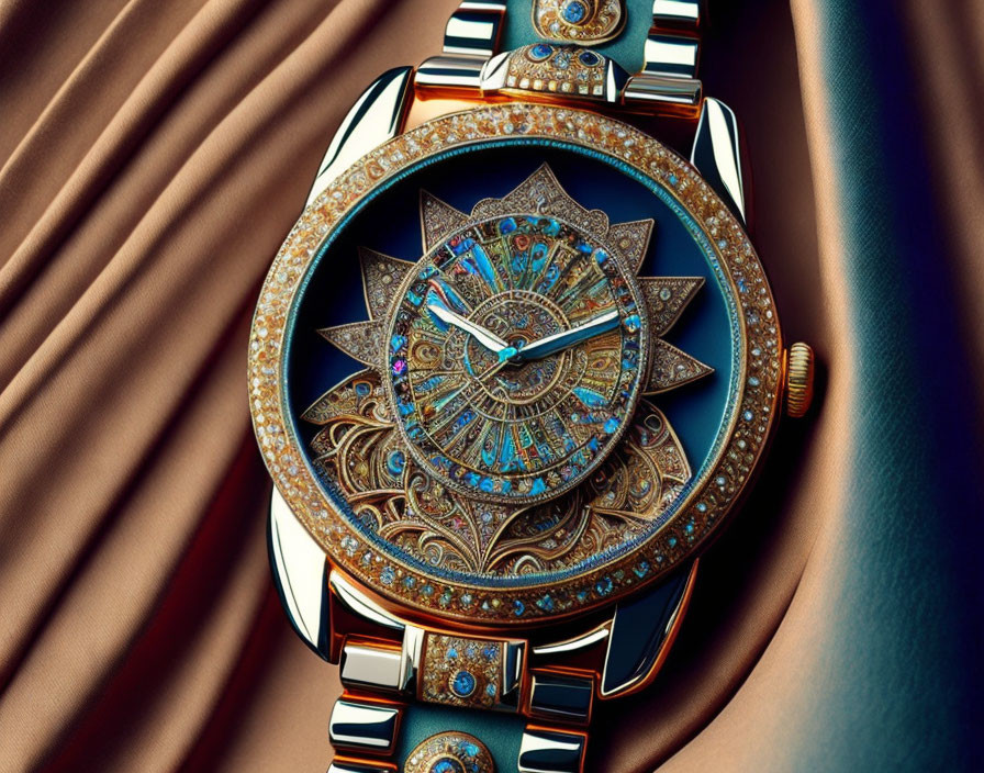 Ornate blue and gold luxury watch with gem encrusted face on metal band