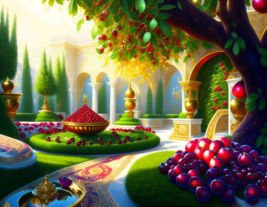 Fantasy garden with lush greenery, red fruit tree, golden lamp, and sunlit path