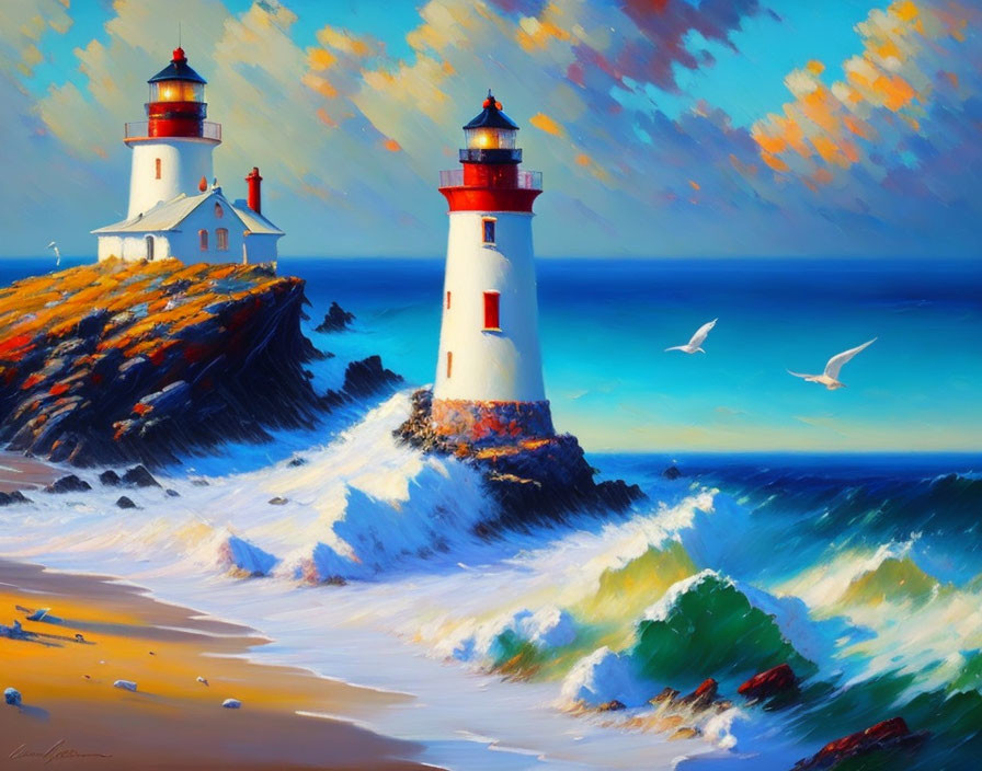 Rocky Coast: Two Lighthouses, Crashing Waves, Seagulls, Blue Sky