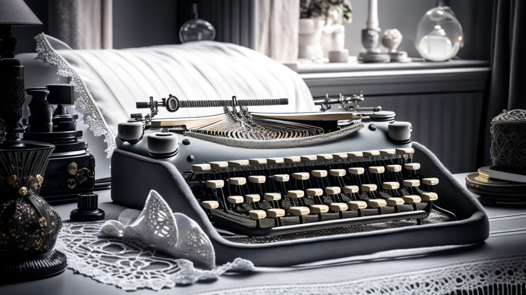 Vintage Typewriter on Lace-Covered Table with Elegant Decor