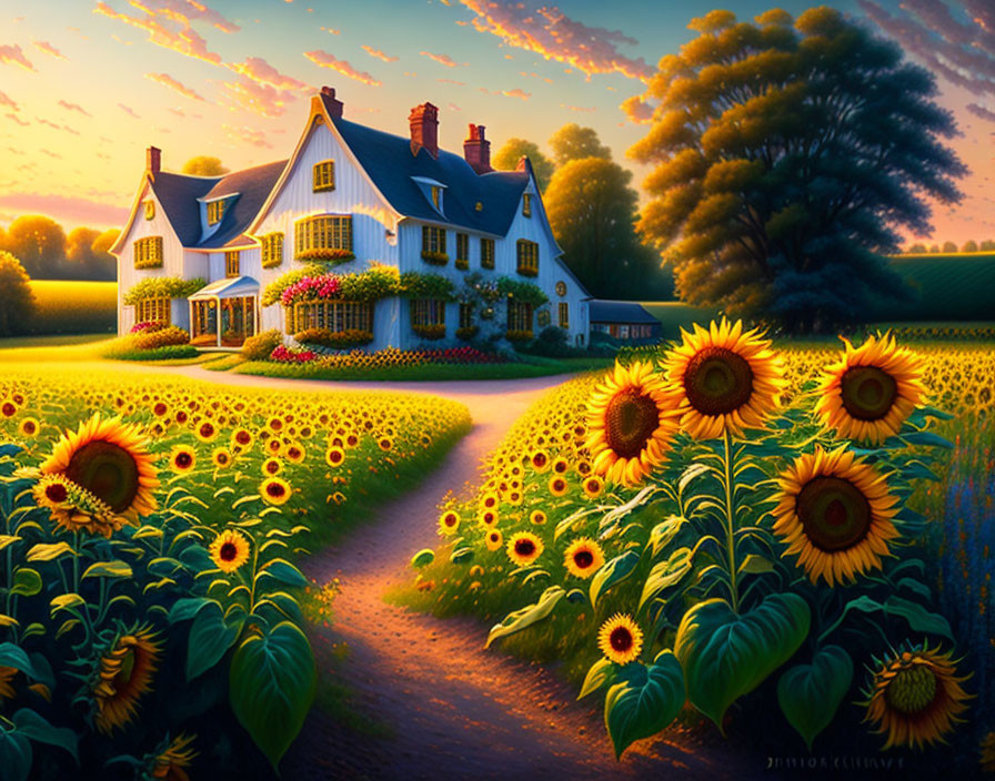 Country house surrounded by sunflowers and trees at sunset