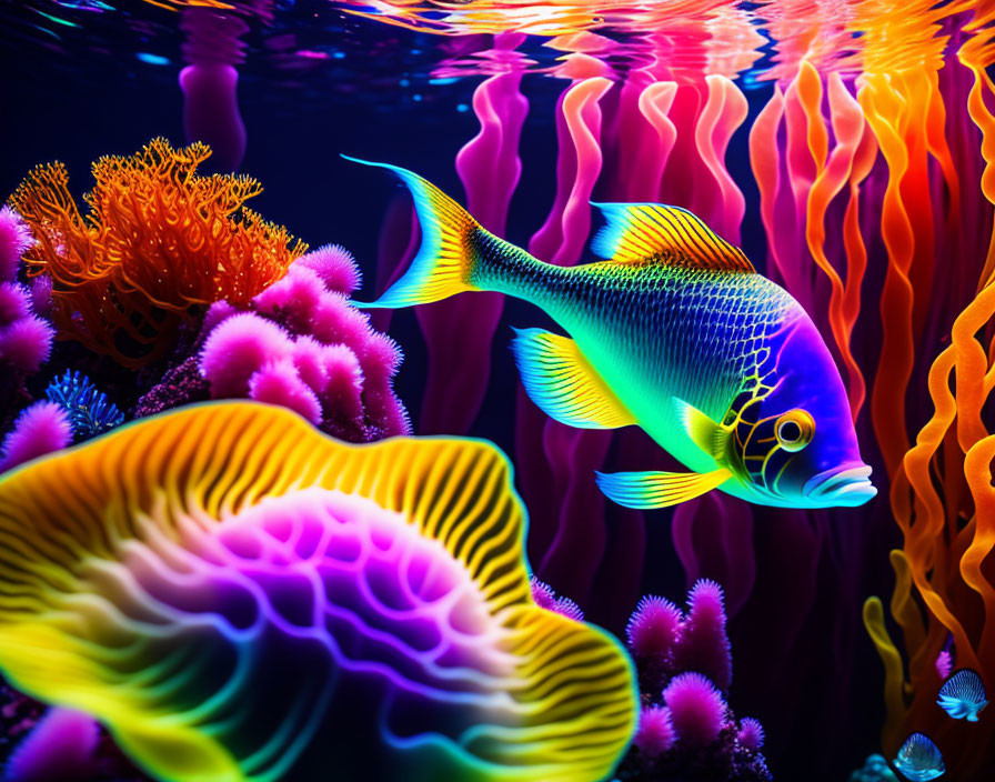 Neon-colored fish in vibrant underwater coral reefs