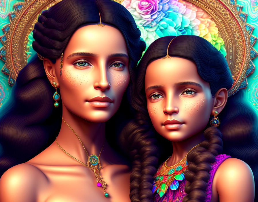 Digital art portrait of two females with elaborate hairstyles and ornate jewelry on vibrant background