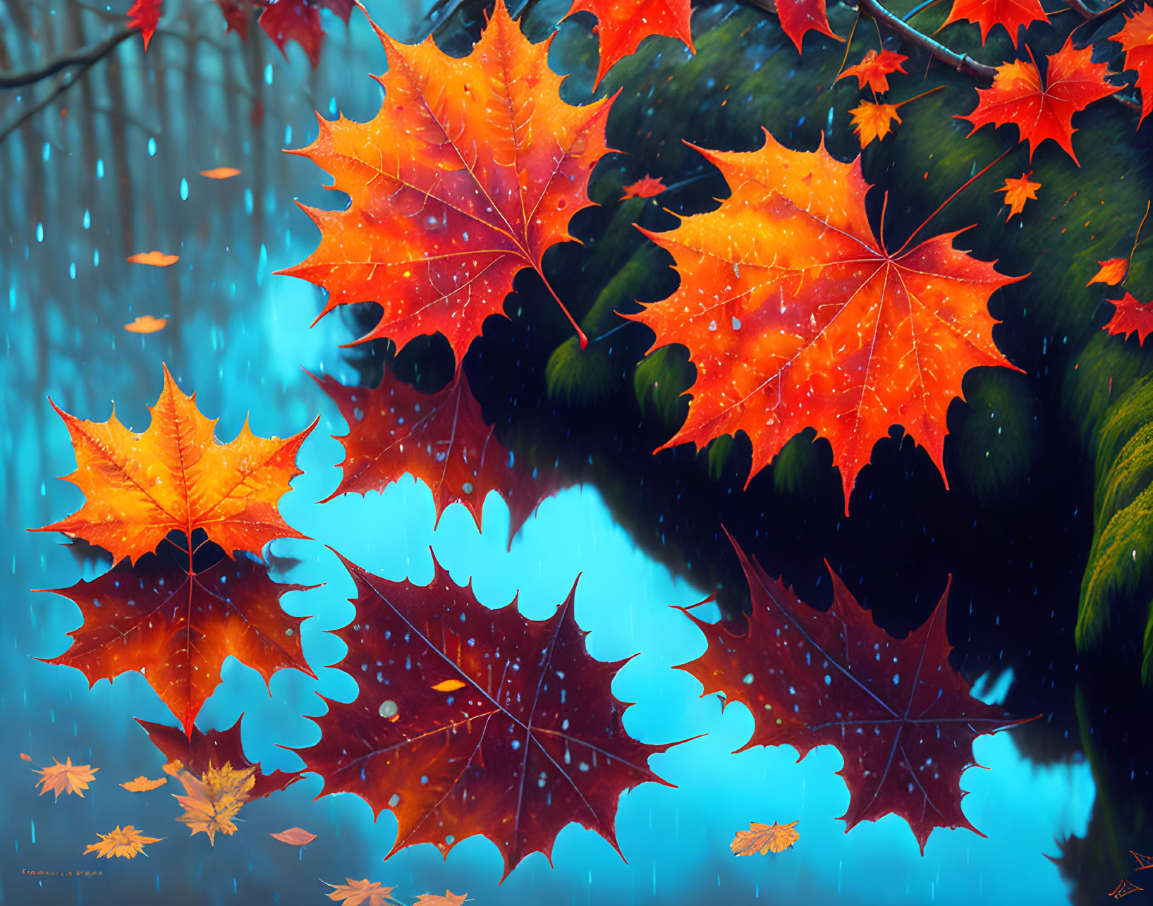 Vibrant orange autumn leaves with raindrops on blurred blue backdrop