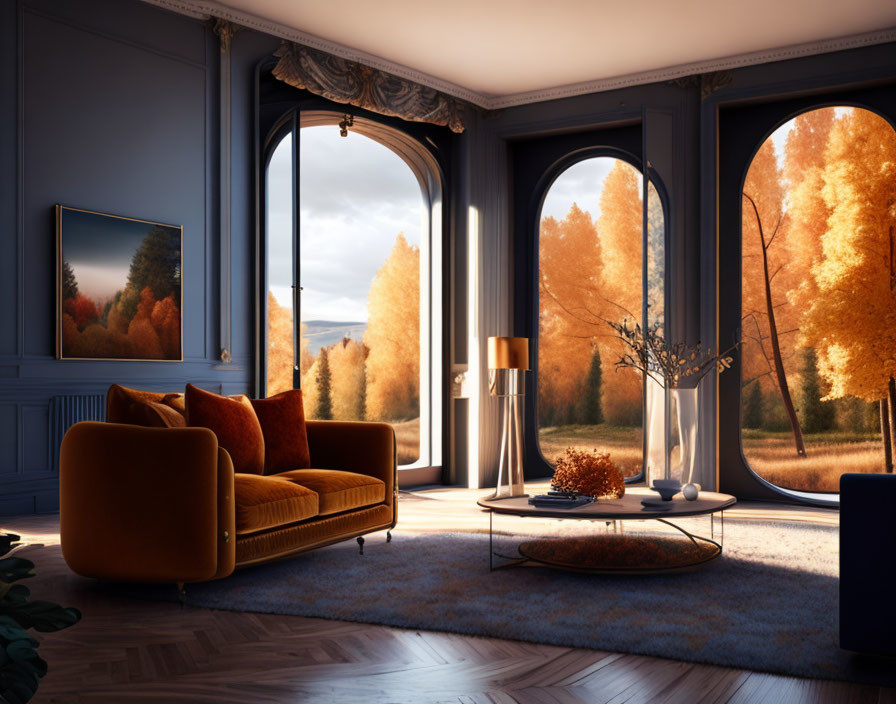 Golden velvet sofa, floor lamp & autumn view in cozy living room